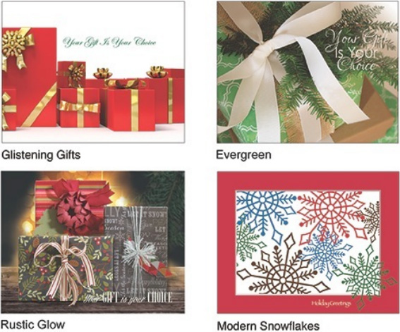 2014 holiday cover options: Glistening Gifts, Evergreen, Rustic Glow and Modern Snowflakes