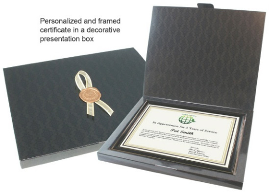Personalized framed certificate in a decorative presentation box