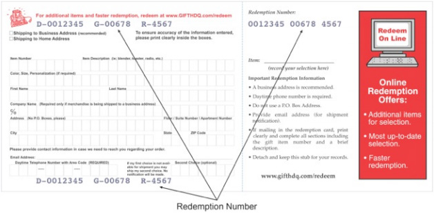 Front of a gift booklet redemption card showing where the unique redemption number is printed