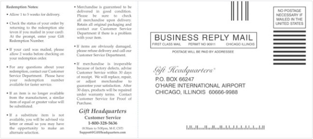 Back of the postage-paid redemption card addressed to Gift Headquarters